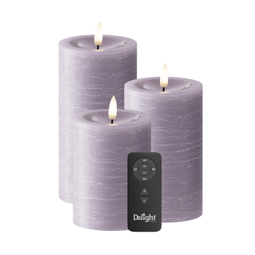 LEDs Vela pilar Pacote de 3, Ø 7,5 x 10/12,5/15 cm Lavanda