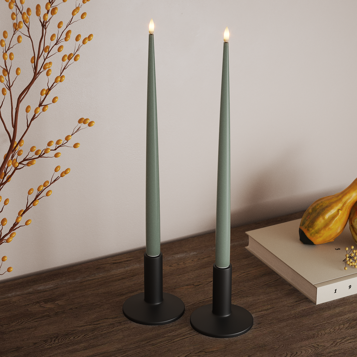 Deluxe Homeart LED Kertelys med Lak, 2 stk 38 cm Salvie Grøn LED kertelys 3