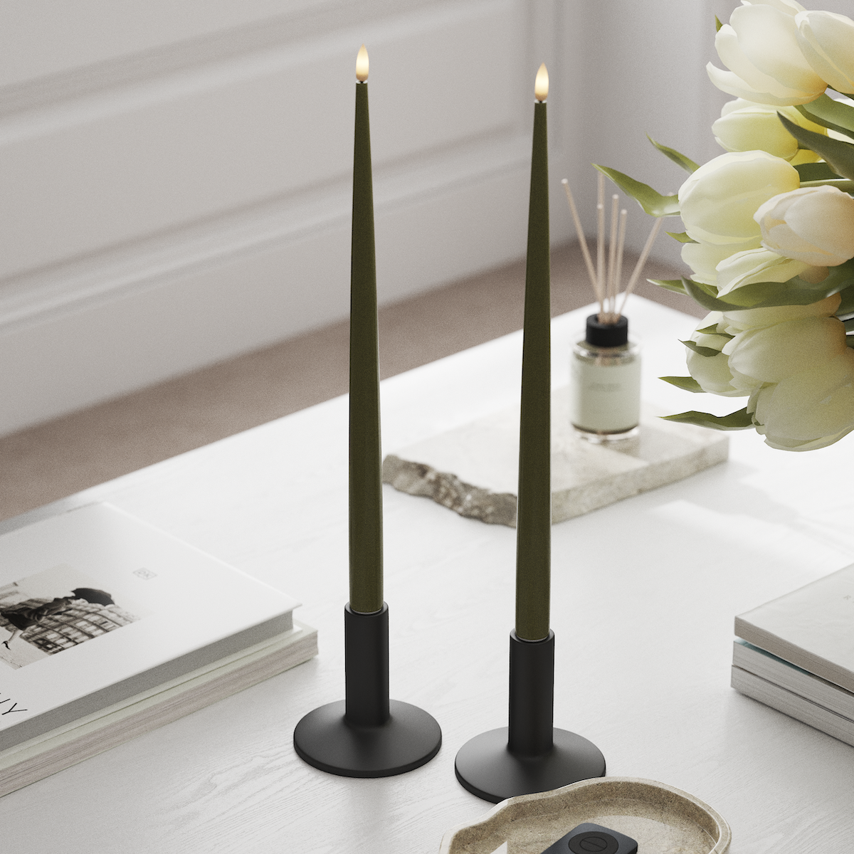 Deluxe Homeart Φωτιστικό κεριού LED με Λάκα, 2 τμχ 38 cm Ελαιόχρωμο Φως κεριού LED 1