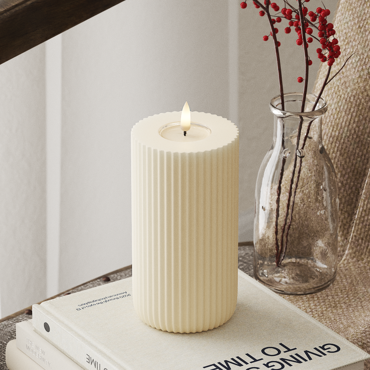 Deluxe Homeart Solid Stripe LEDs Vela pilar Ø 8 X 15 Cm Creme Forma LED 4