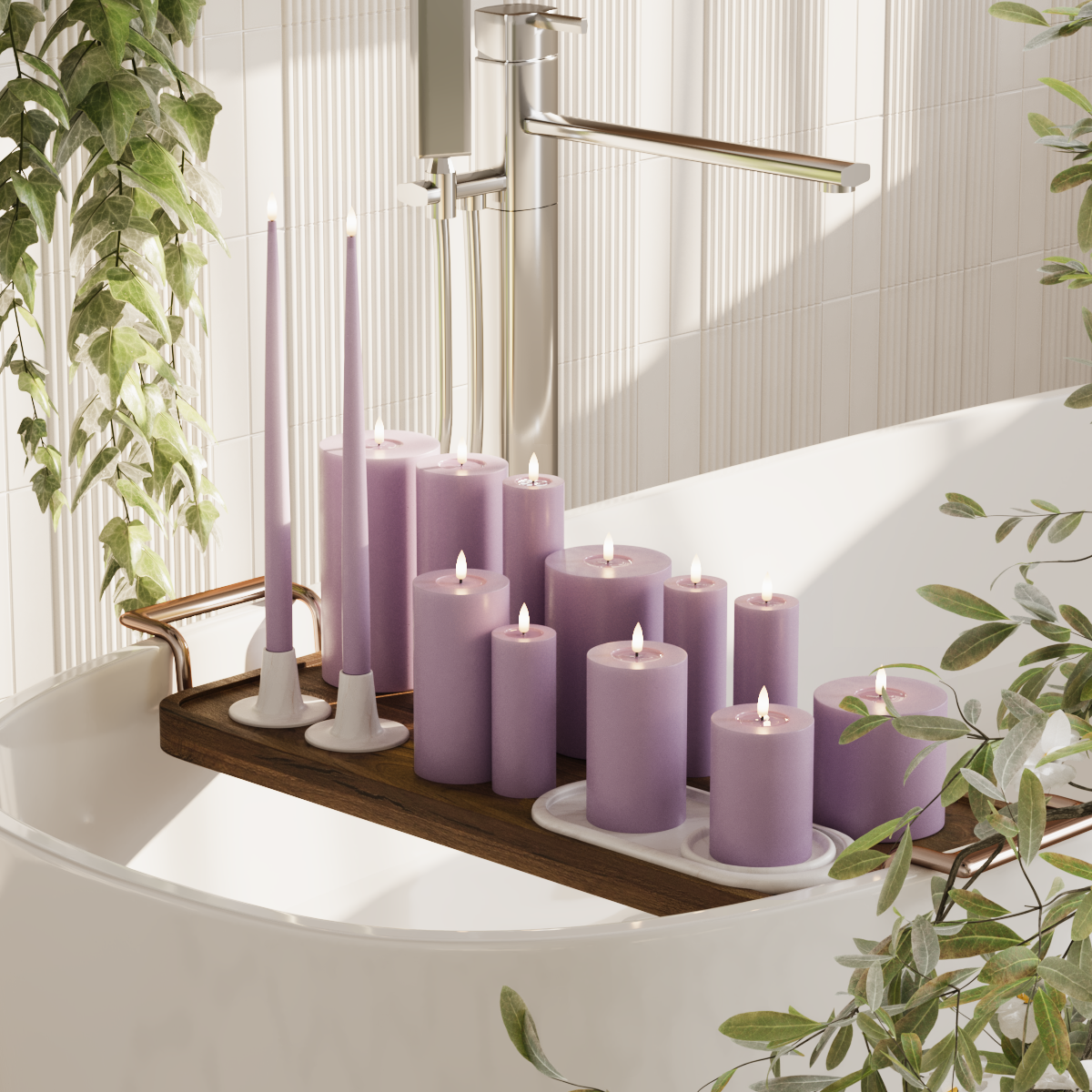 Deluxe Homeart Pacote de velas LED - Roxo claro - 5 x 10 + 12,5 + 15 + 20 | 7,5 x 10 + 12,5 + 15 + 20 | 5 x 10 + 15 + 20 | 2 peças de 38 cm pacote 2
