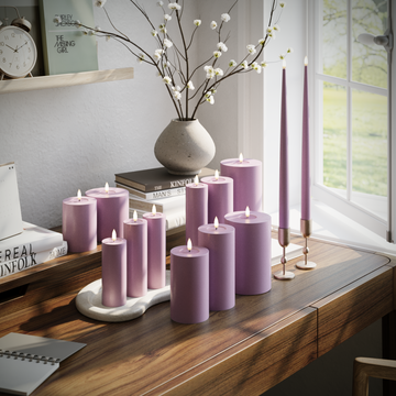 Deluxe Homeart Pacote de velas LED - Roxo claro - 5 x 10 + 12,5 + 15 + 20 | 7,5 x 10 + 12,5 + 15 + 20 | 5 x 10 + 15 + 20 | 2 peças de 38 cm pacote 1